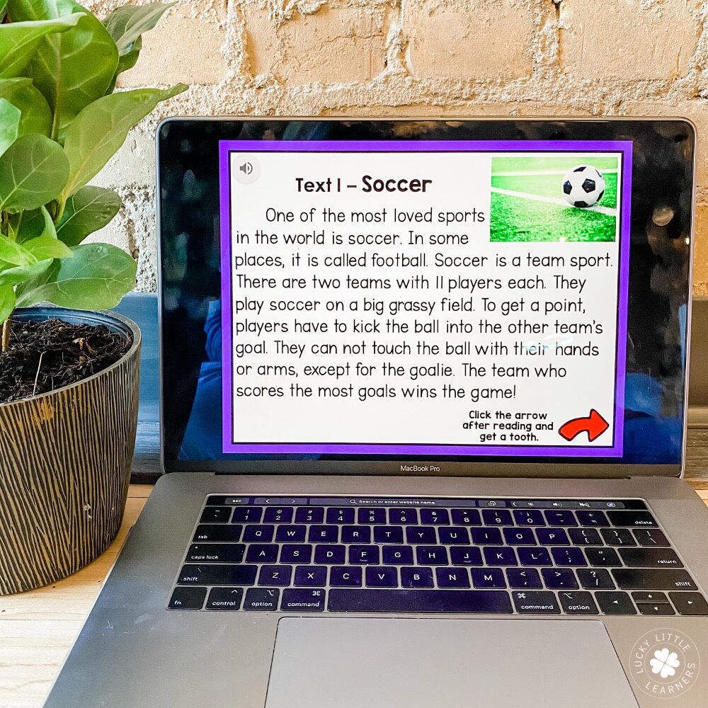 A colorful digital reading activity on a laptop screen about soccer, designed for 1st grade students, with engaging visuals and text to enhance early reading skills and sports vocabulary.