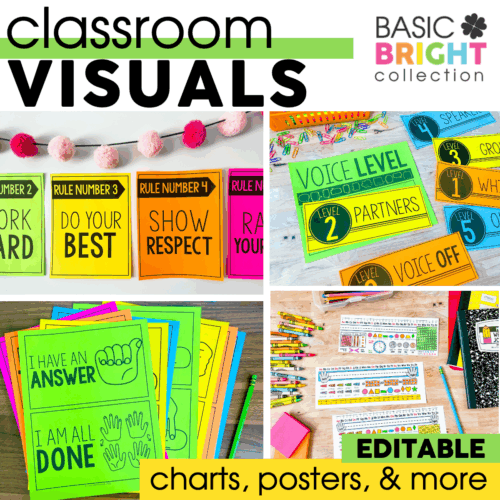Beleaguered classroom visual charts and posters with colorful student desk plates, voice level signs, and behavior reminders for engaging learning environments.
