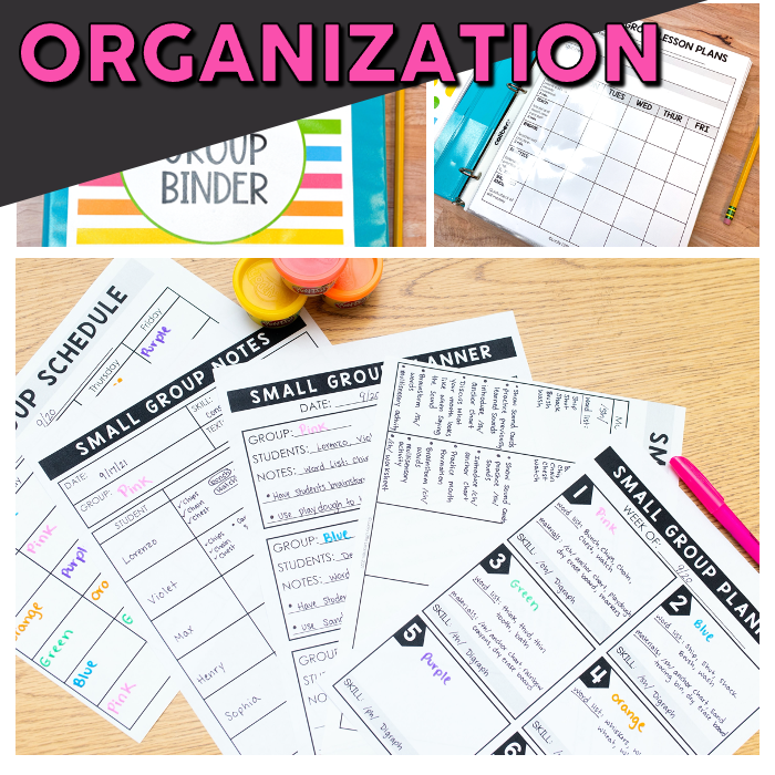 Literacy intervention small group kit with colorful schedules, group binders, and planning sheets designed for effective small group instruction and organization.