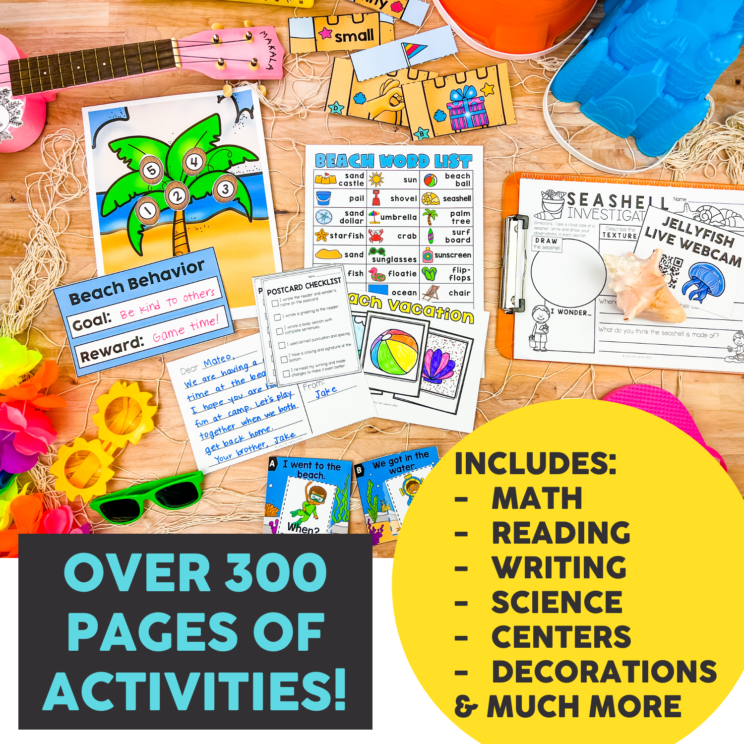 Beach classroom transformation activity set with educational worksheets, decorations, and tools for engaging learning experiences in math, reading, writing, science, and centers.