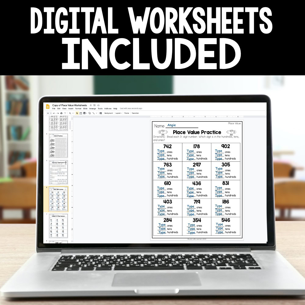 Digital place value worksheets displayed on a laptop screen for teaching place value concepts to students, ideal for classroom or homeschooling use.