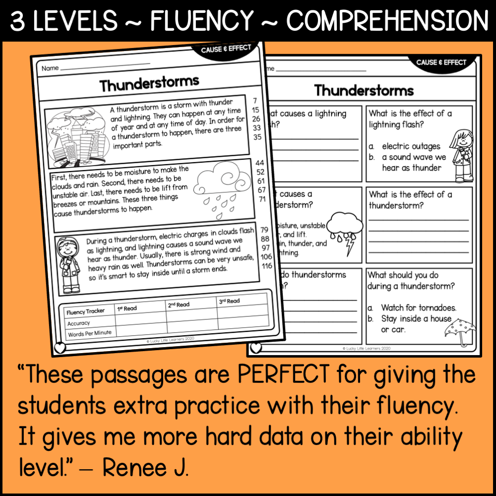 Second grade nonfiction reading comprehension passage on thunderstorms, focusing on cause and effect, designed to improve fluency and understanding for young learners.