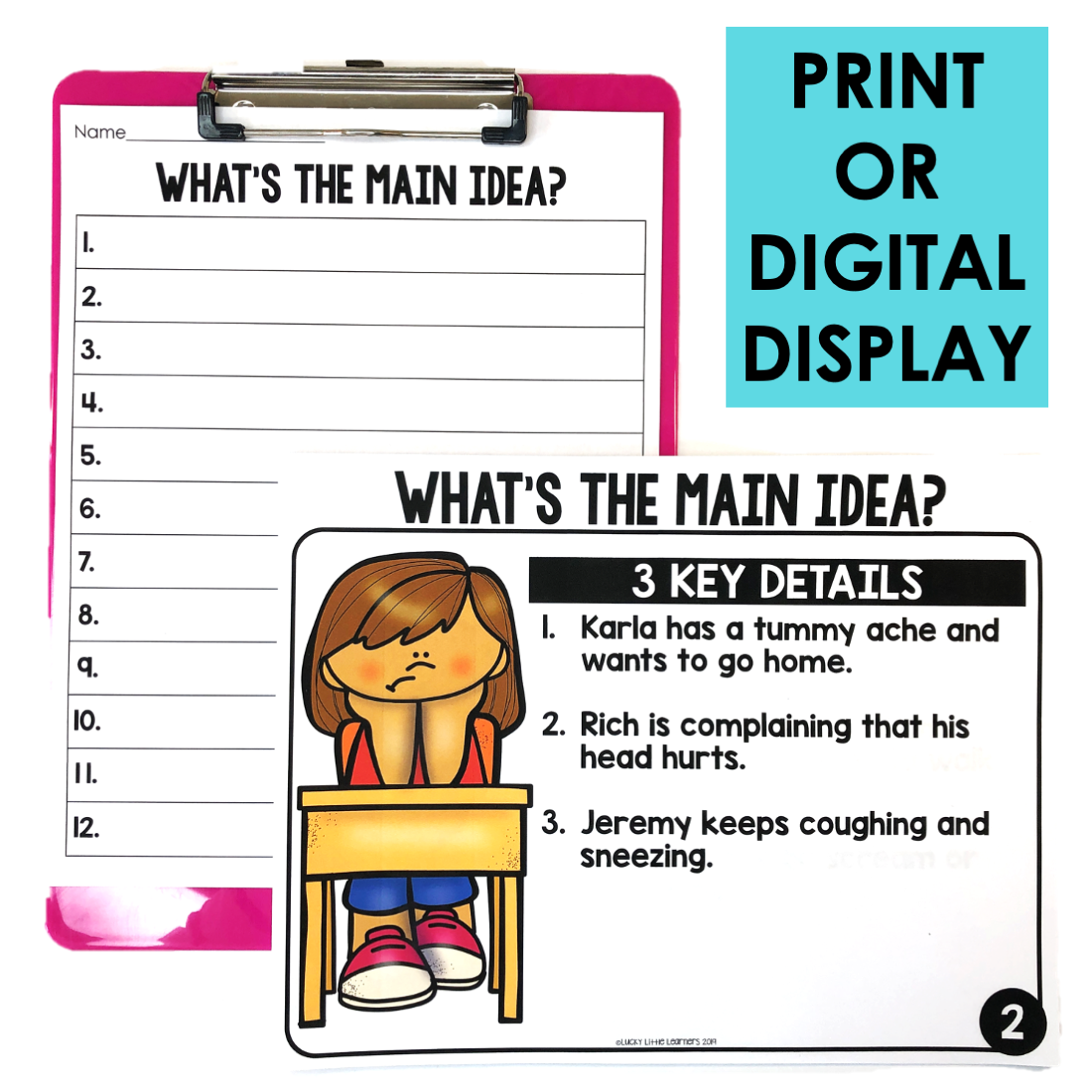 A detailed educational activity sheet for identifying main ideas and key details, suitable for print or digital display, featuring a cartoon girl and space for student responses.