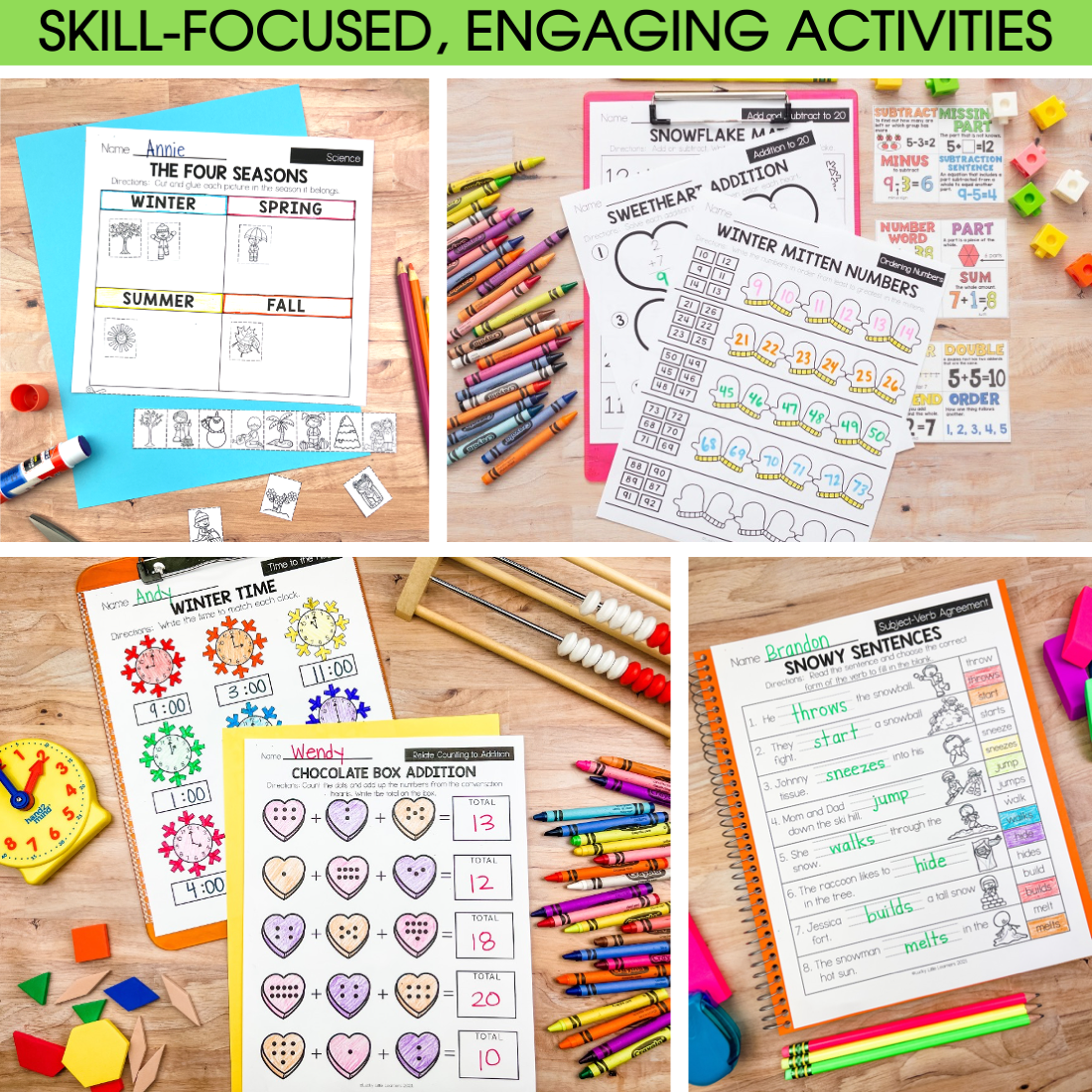 A colorful collection of engaging 1st grade winter activity worksheets and manipulatives, designed to enhance early learning skills with fun, skill-focused exercises for young students.