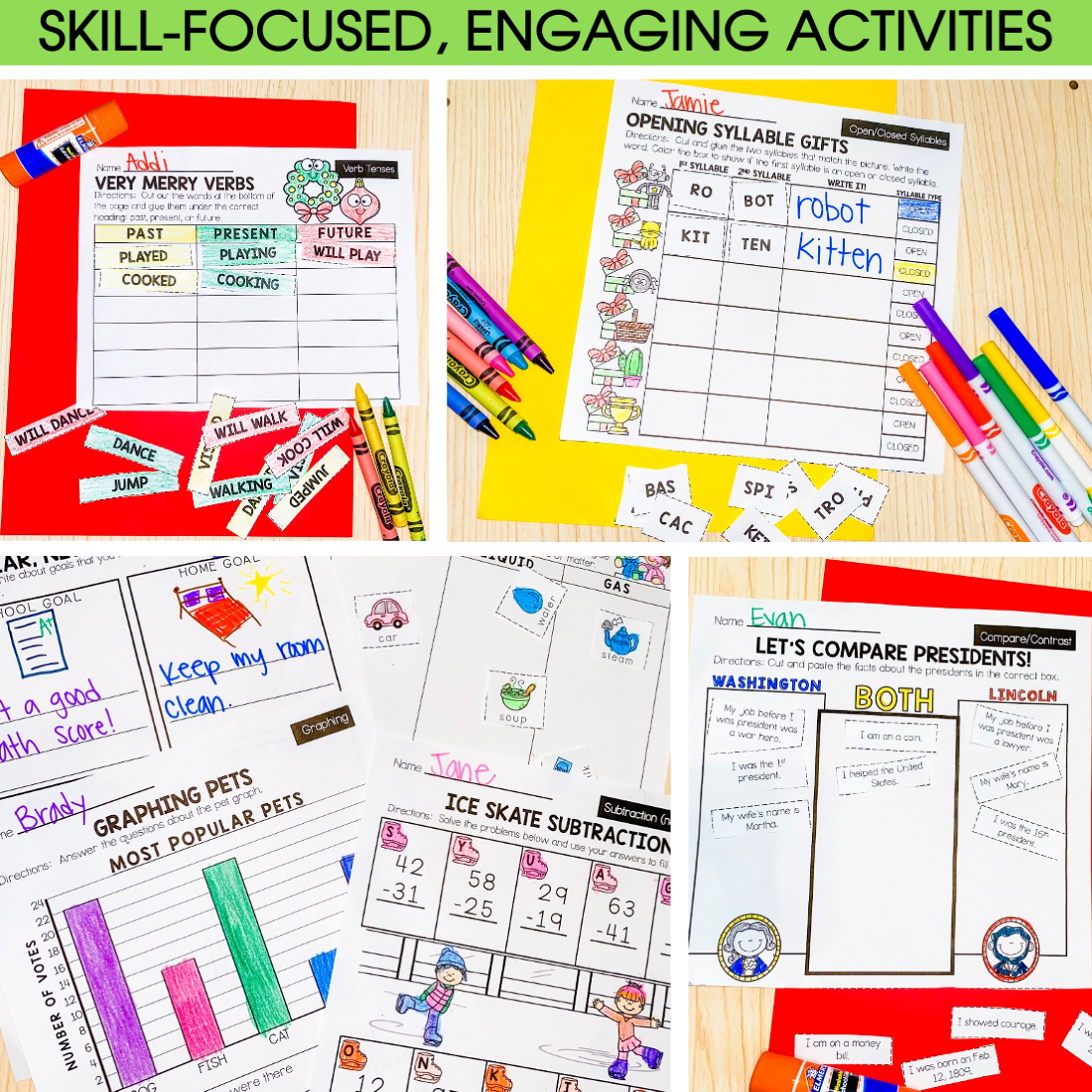 A colorful educational activity sheet for 2nd grade winter early finishers, featuring vocabulary, syllable sorting, and comparison exercises to engage young learners in fun, skill-focused activities.