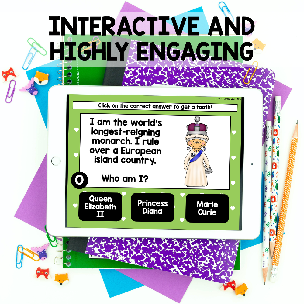 Interactive 2nd grade social studies digital task cards bundle for Google Slides, engaging students with fun, educational activities on monarchs, European countries, and more.