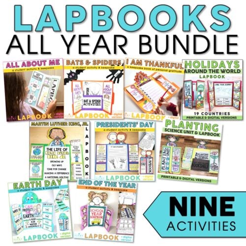 All about me, holidays, Earth Day, Presidents' Day, planting, and end of the year lapbooks for all year-round learning, featuring 19 countries, printable and digital versions, perfect for classroom a.
