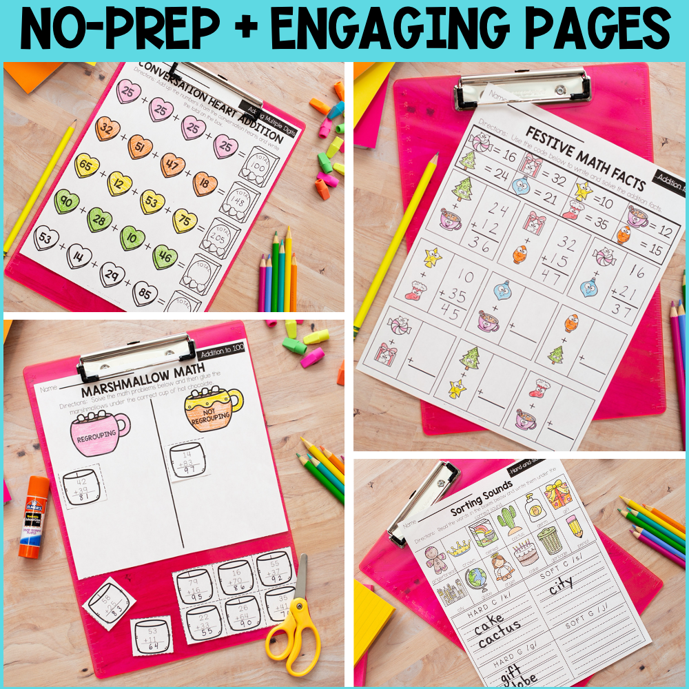 No-prep winter early finishers math pages for 2nd grade, engaging and fun activities for quick learners, including festive math facts, marshmallow math, and sorting sounds, perfect for classroom use.