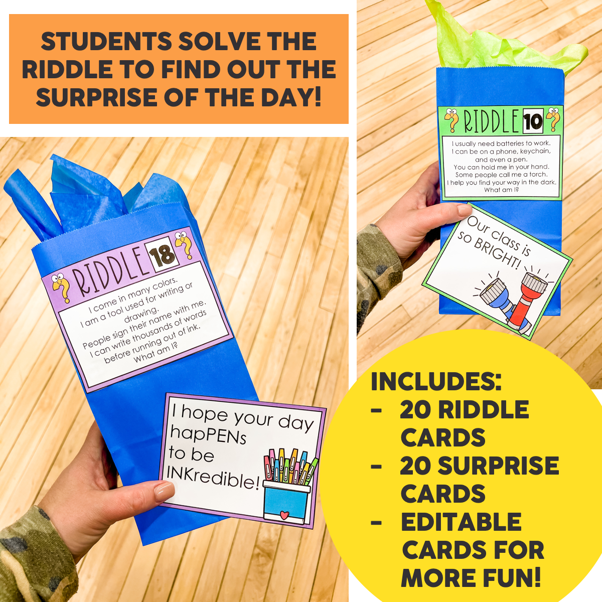 Students solve riddles to discover surprises with editable cards, including 20 riddle cards and 20 surprise cards, perfect for end-of-year classroom fun and engagement.