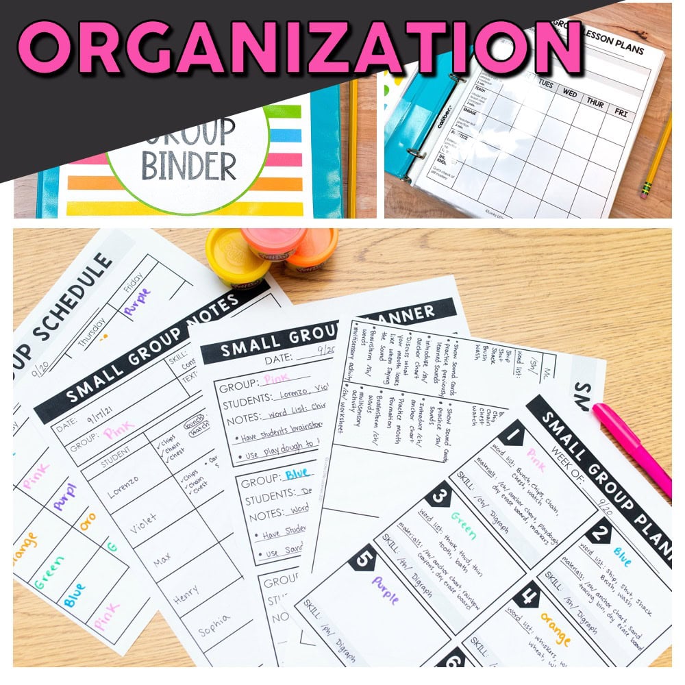 Literacy intervention small group kit with colorful charts, schedules, and planning sheets for effective small group instruction in early literacy.