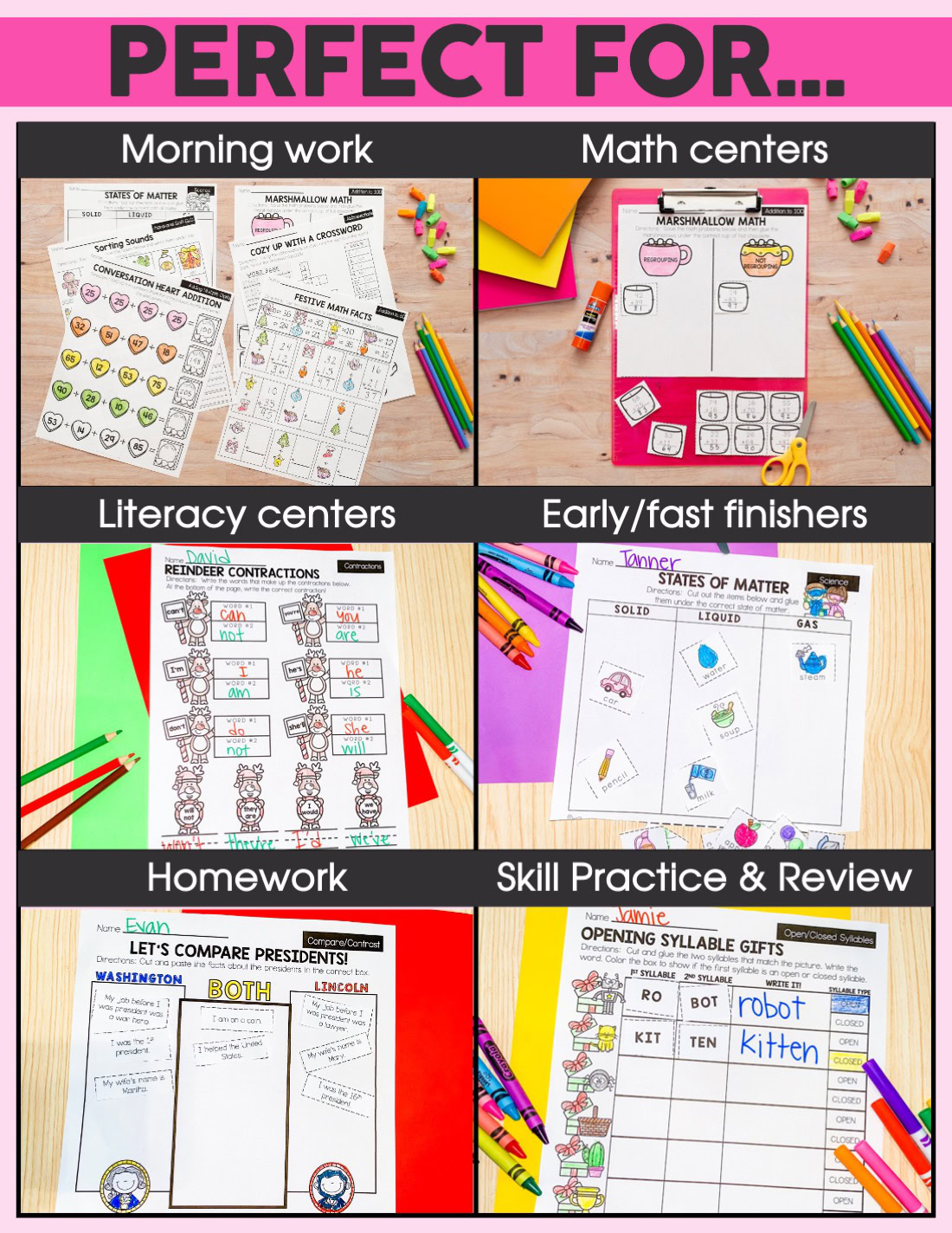 Bright educational printables for 2nd grade winter early finishers, including morning work, math centers, literacy activities, homework, and skill review sheets for engaging classroom learning.