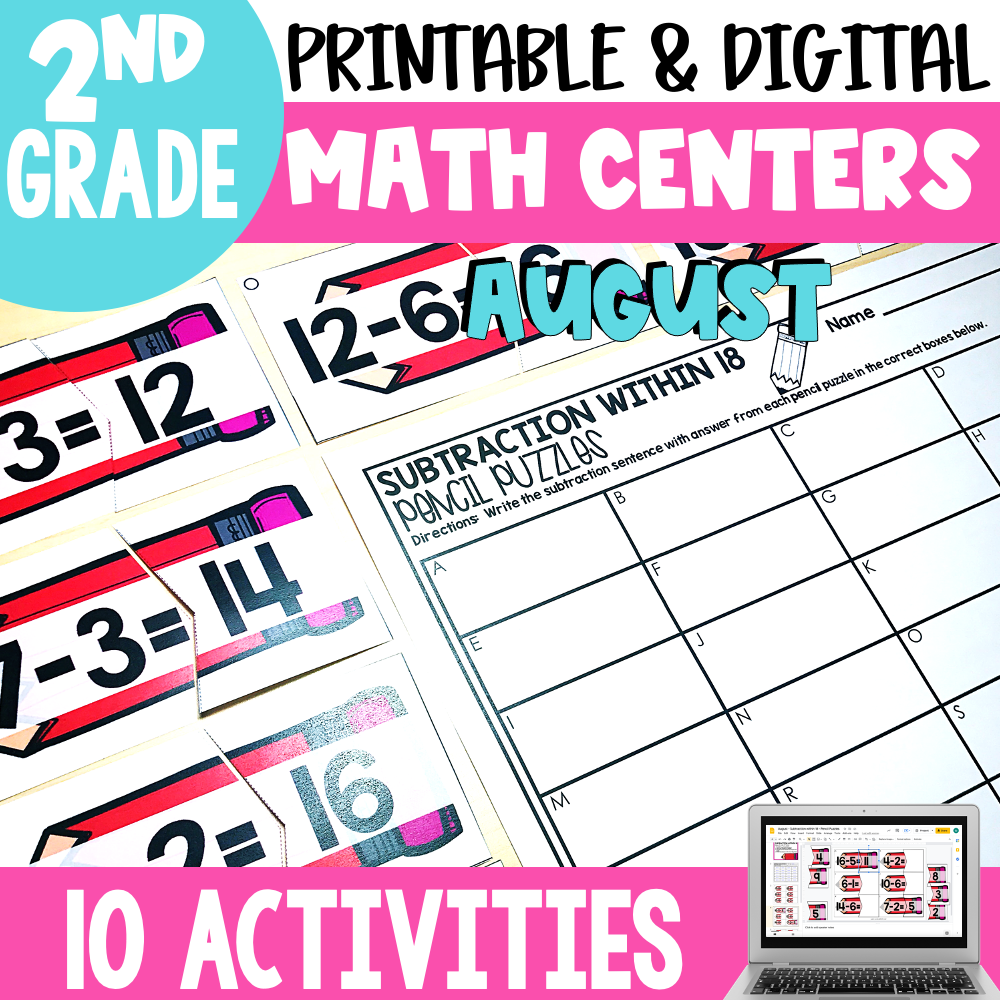 Engaging October math centers and activities for 2nd grade students, featuring printable and digital options, designed to enhance subtraction skills within the classroom.