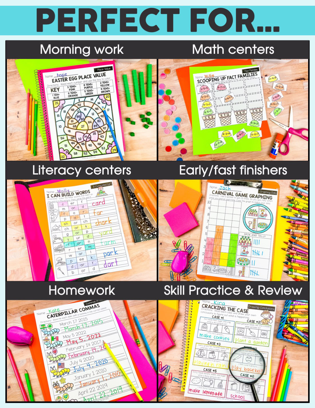 A colorful educational activity pack for 1st grade, featuring spring-themed early finisher activities including morning work, math centers, literacy centers, homework, and skill practice for young le.