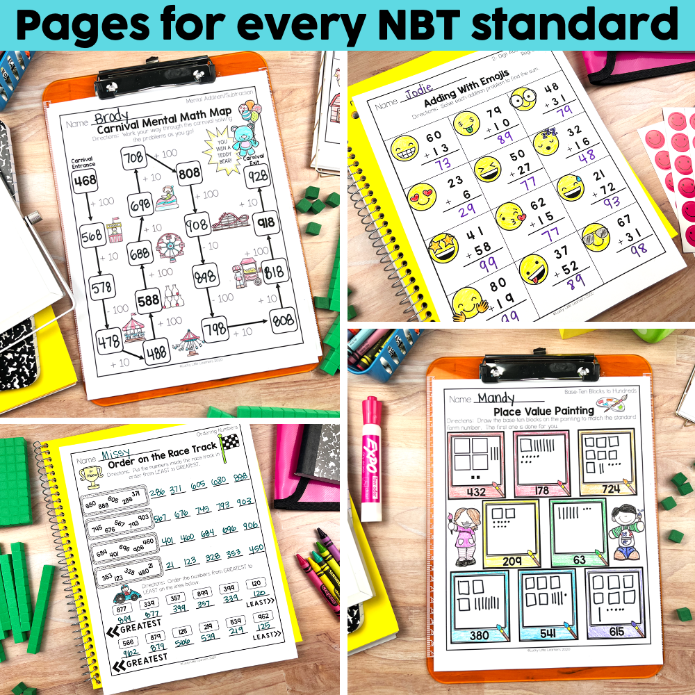 Engaging place value worksheets for elementary students, featuring colorful activities like number maps, addition, and race track exercises to enhance math skills and understanding.