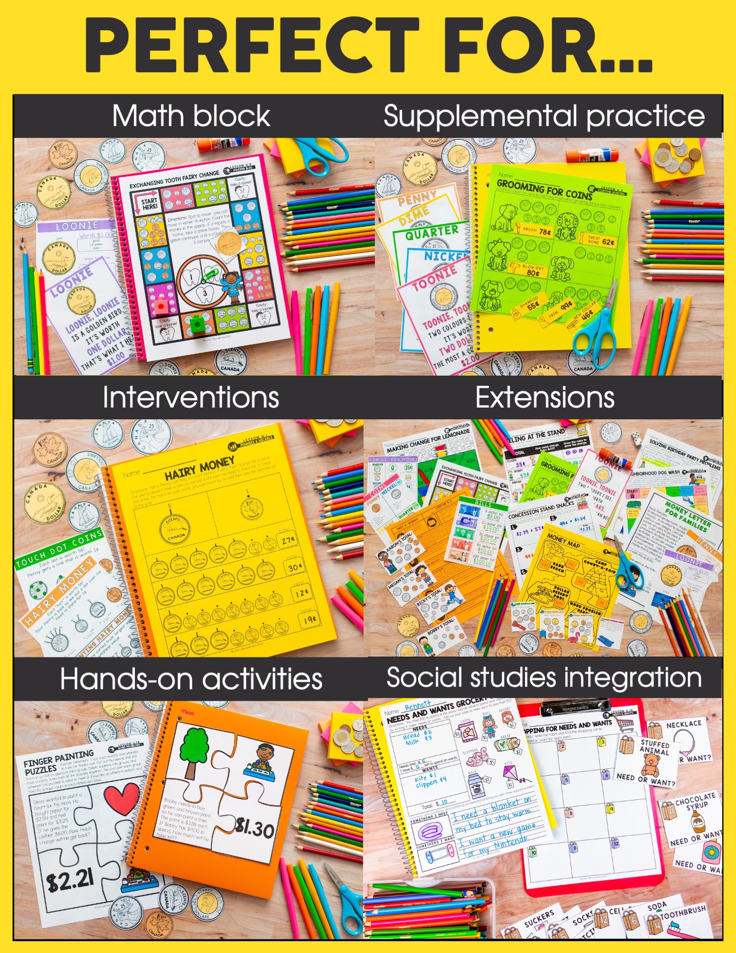 Engaging Canadian money and financial literacy math activities for kids, including math blocks, interventions, hands-on activities, and social studies integration, with colorful educational materials.
