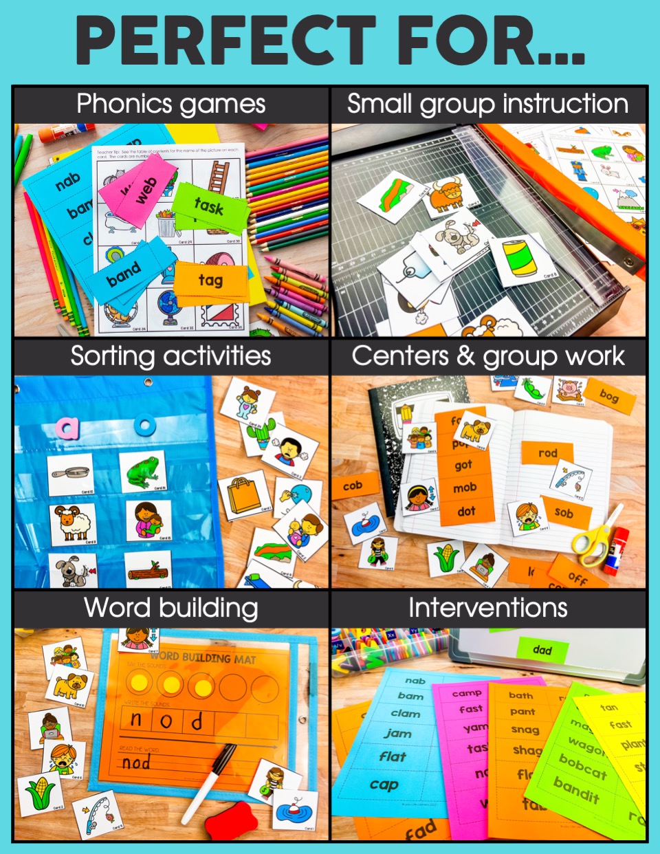 Word and Picture Cards for phonics, sorting, group work, and word building activities, ideal for small group instruction and interventions in early literacy education.
