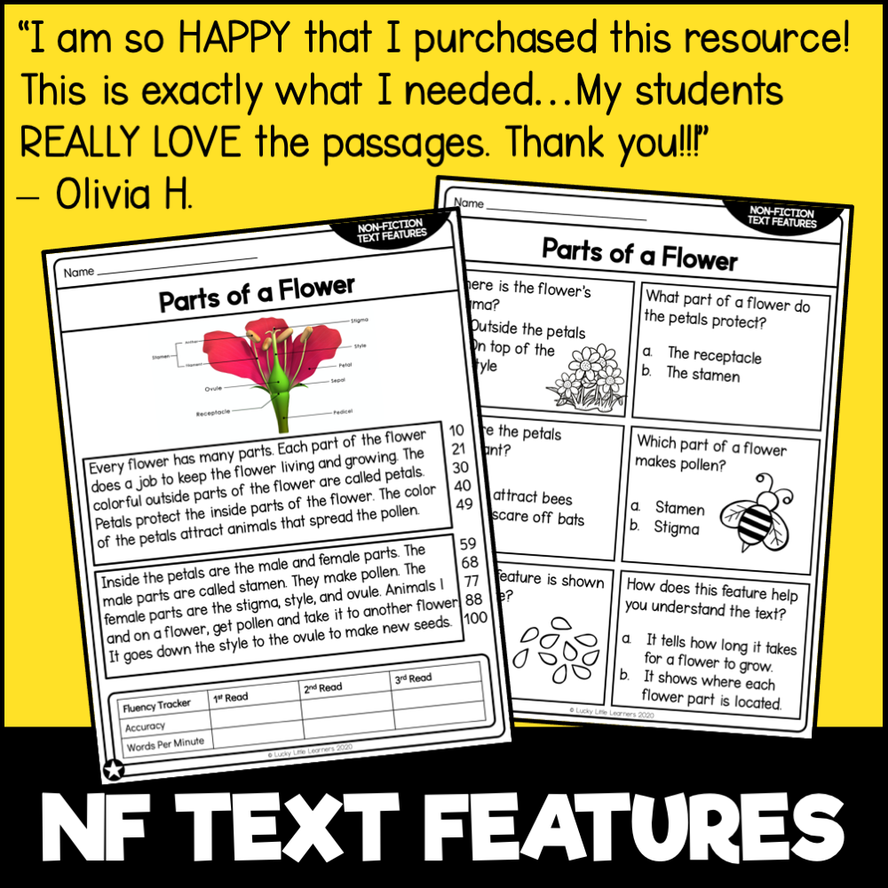 Engaging nonfiction text features worksheet for 2nd grade reading comprehension, focusing on parts of a flower with colorful illustrations and questions to enhance student understanding.