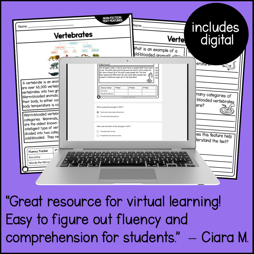 Engaging 2nd grade reading comprehension passages with nonfiction text features, including digital access, designed to improve fluency, understanding, and vocabulary for young learners.