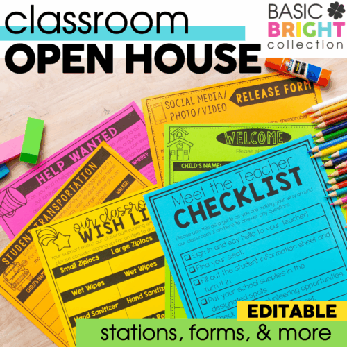 Classroom Open House Pack with colorful stations, forms, and checklists for teachers and parents, designed to organize classroom events and student information efficiently.