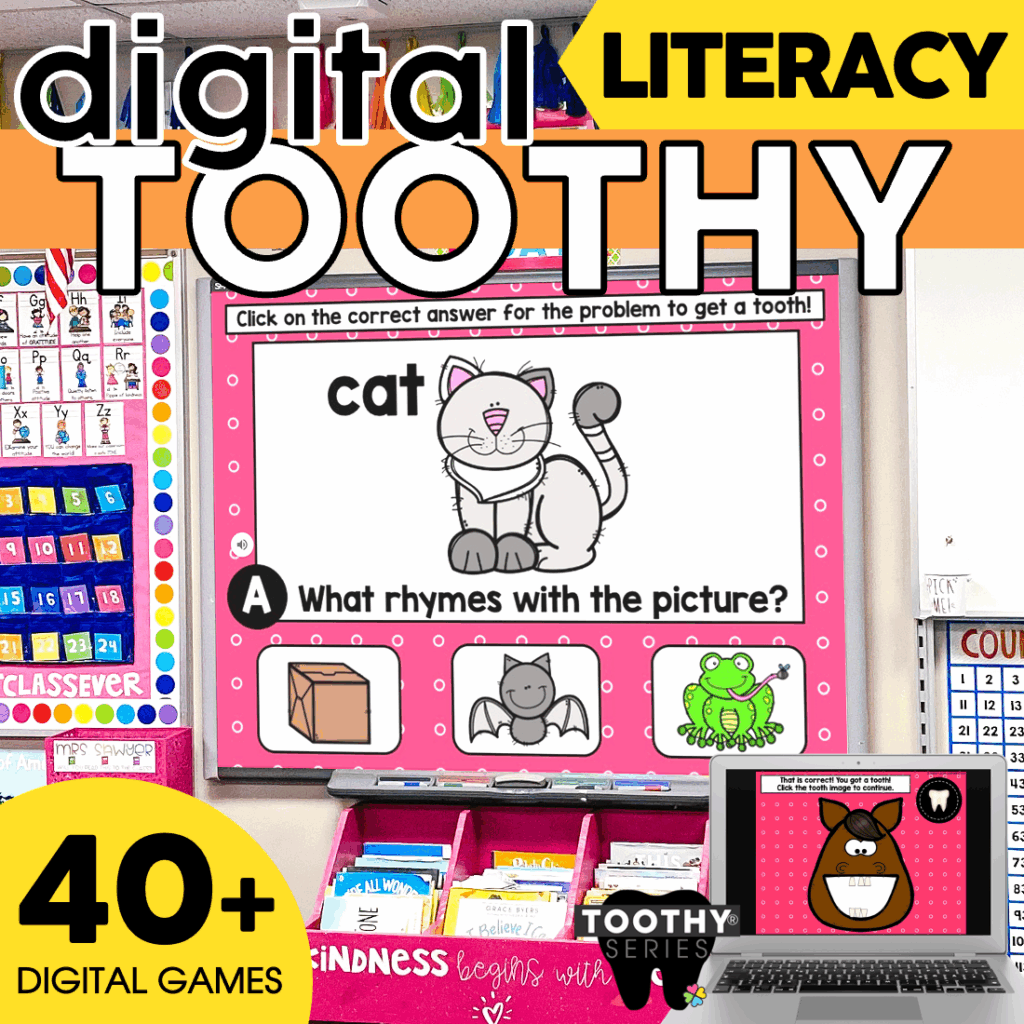 Kindergarten Digital ELA Toothy Task Cards Bundle - Lucky Little Learners