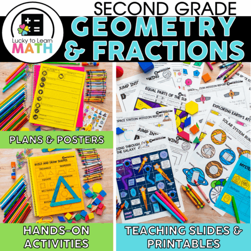 Second grade geometry and fractions educational materials including plans, posters, teaching slides, and printable activities for engaging math lessons.