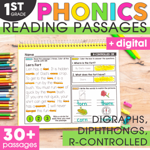 A colorful phonics reading passage worksheet for 1st grade students focusing on digraphs, diphthongs, silent letters, and R-controlled vowels, with engaging activities and digital access.