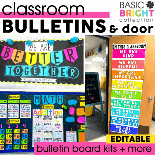 Bright classroom bulletin board with colorful "We Are Kind" and "Math" posters, featuring editable gift tags for back-to-school teacher and student appreciation, perfect for classroom decor.