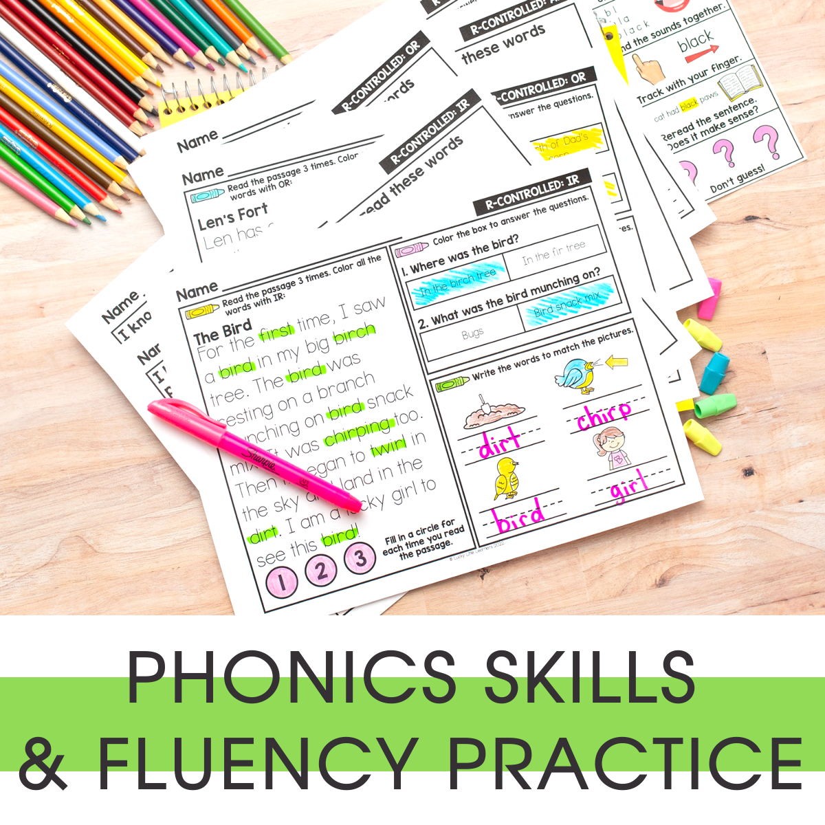 A colorful phonics practice worksheet for 1st grade focusing on digraphs, diphthongs, silent letters, and R-controlled vowels, designed to improve decoding skills and fluency.