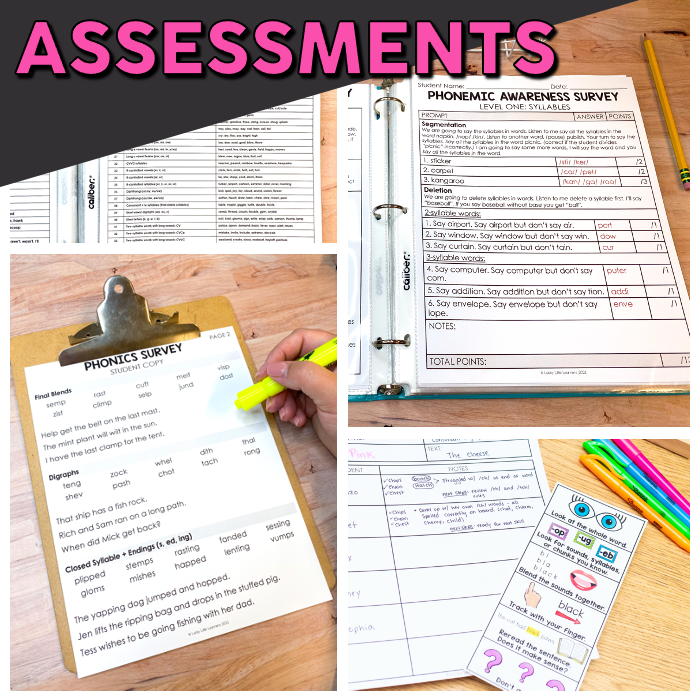 Literacy intervention and small group kit with assessments, phonics surveys, and colorful learning tools for early education and reading skills development.