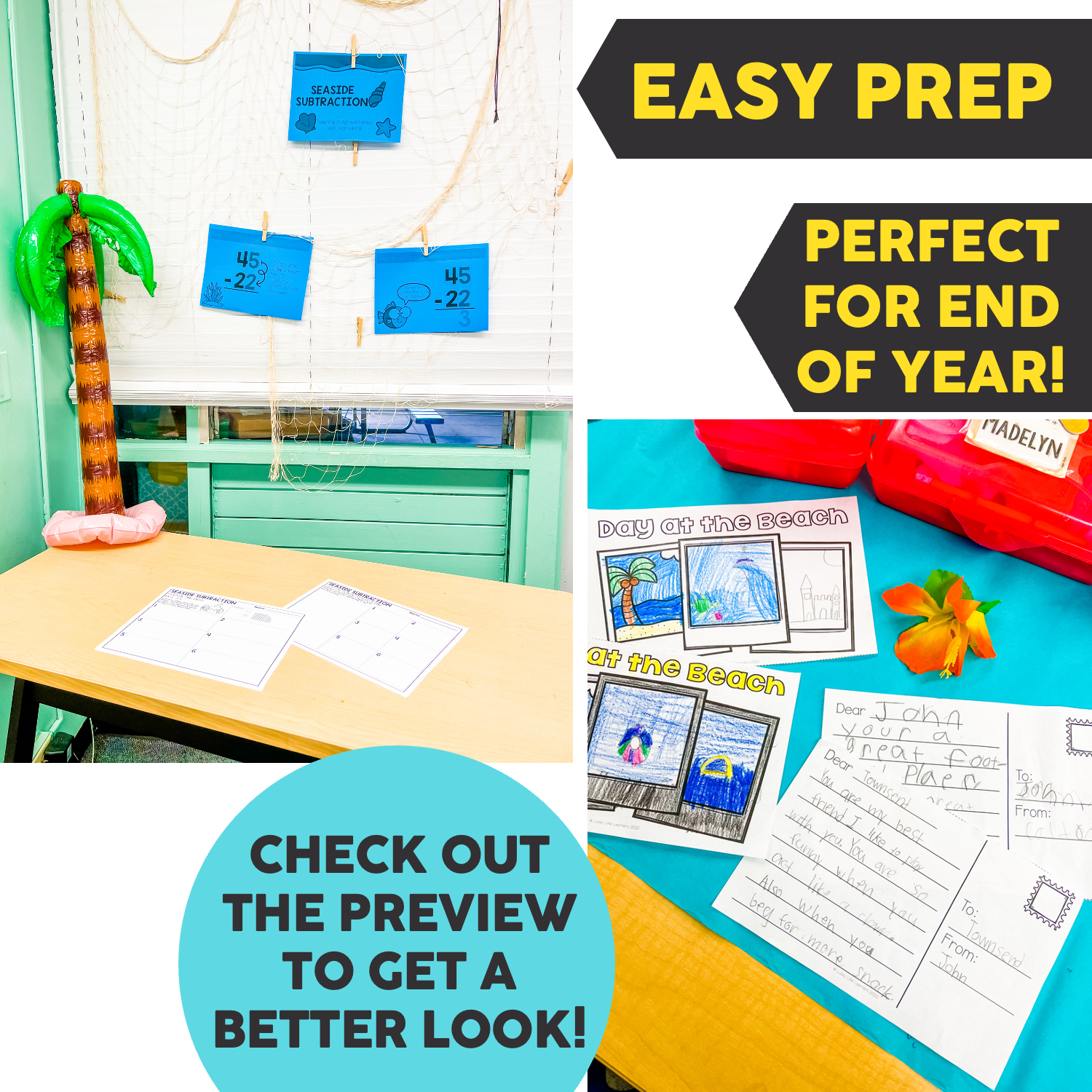 Seaside subtraction activity setup with colorful educational materials, perfect for end-of-year beach classroom transformation, featuring easy prep and engaging learning for students.