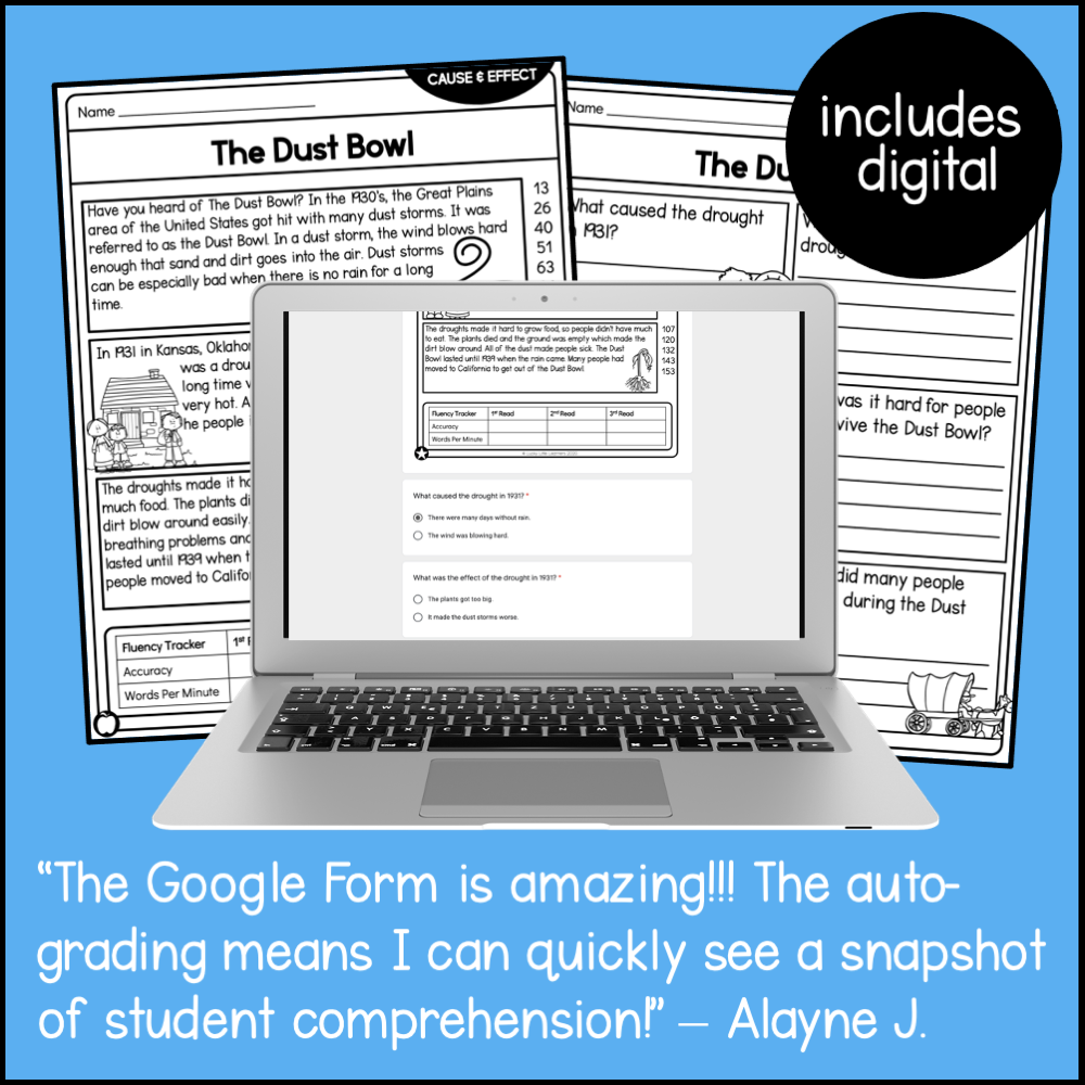 Second grade nonfiction reading comprehension passages about cause and effect, including digital resources and printable worksheets for improving reading skills.