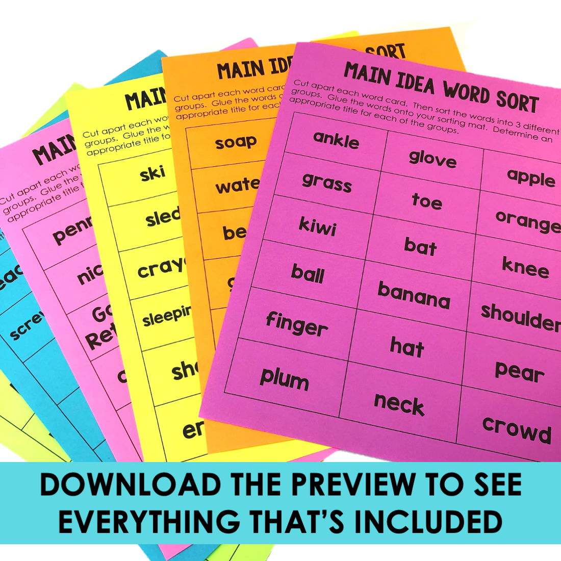 Cut apart main idea and details activity cards for early literacy, focusing on word sorting and comprehension skills, ideal for classroom learning and reading development.
