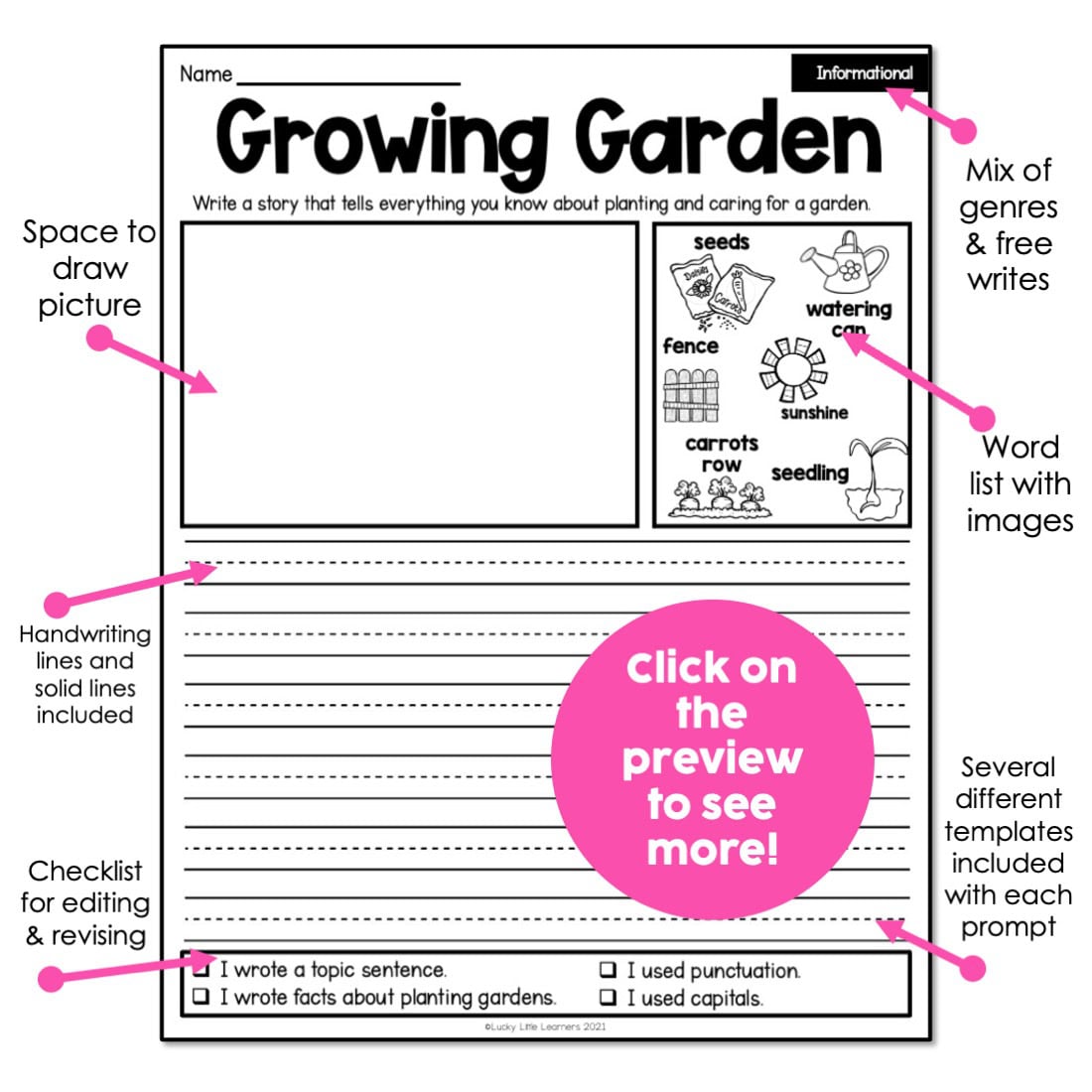 Growing Garden April writing pages for 1st and 2nd grade, featuring word lists, drawing space, handwriting lines, and checklists for editing and revising, designed for early elementary students.