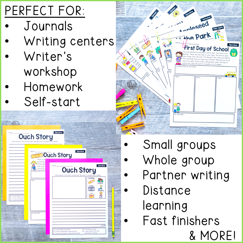 First and second grade writing prompts for September, including print and digital resources, perfect for journals, writing centers, and teacher workshops to enhance student writing skills.