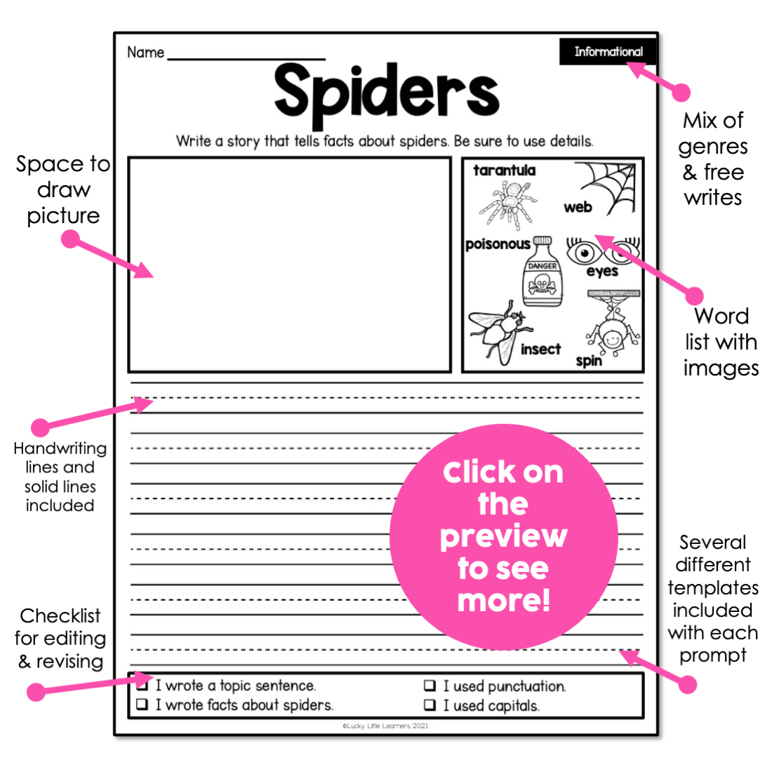 First and second grade October writing prompts worksheet featuring spider facts, drawing space, word list with images, and editing checklist for engaging literacy activities.