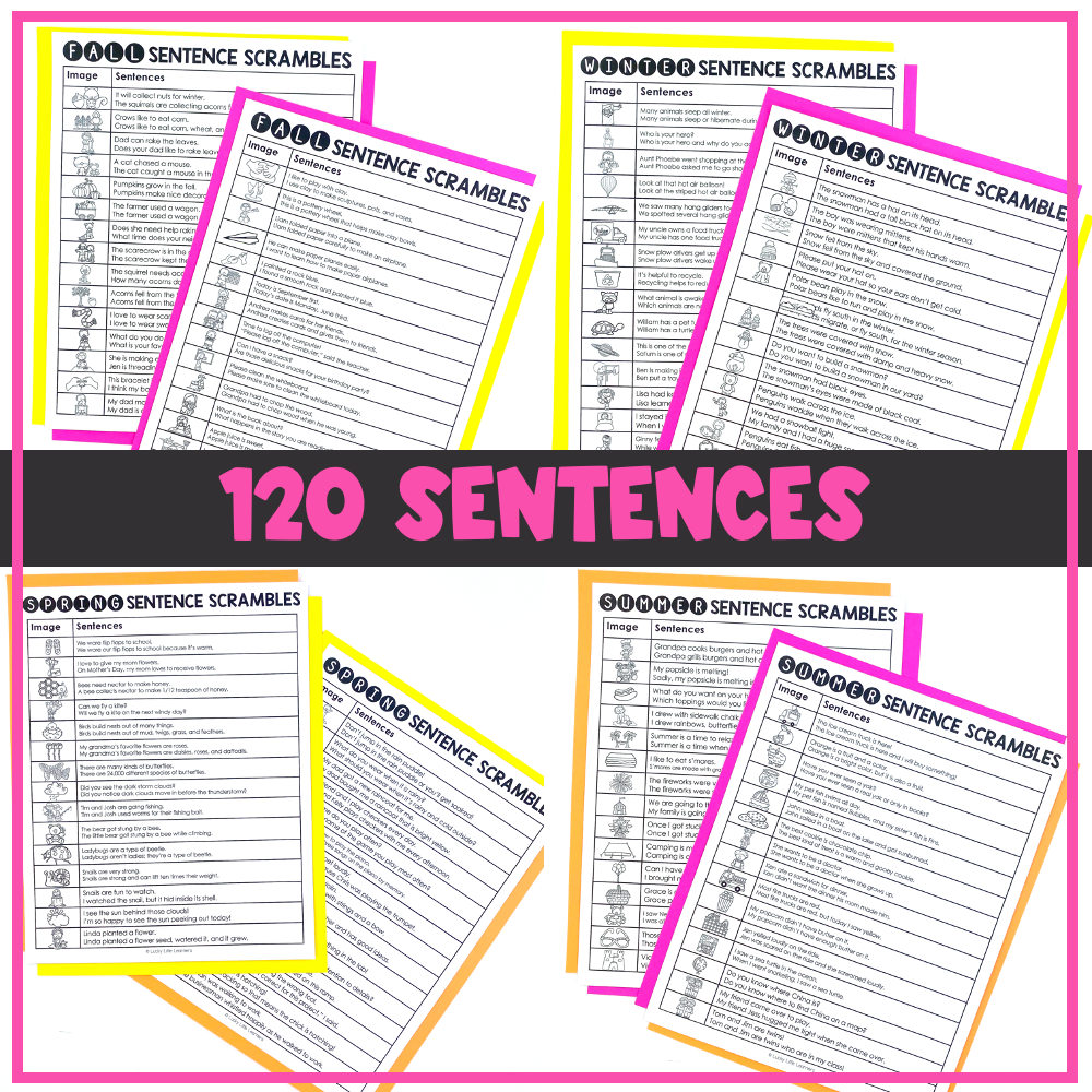 A colorful collection of sentence scramble worksheets for seasonal learning, featuring 120 sentences to enhance sentence structure and literacy skills for young learners.