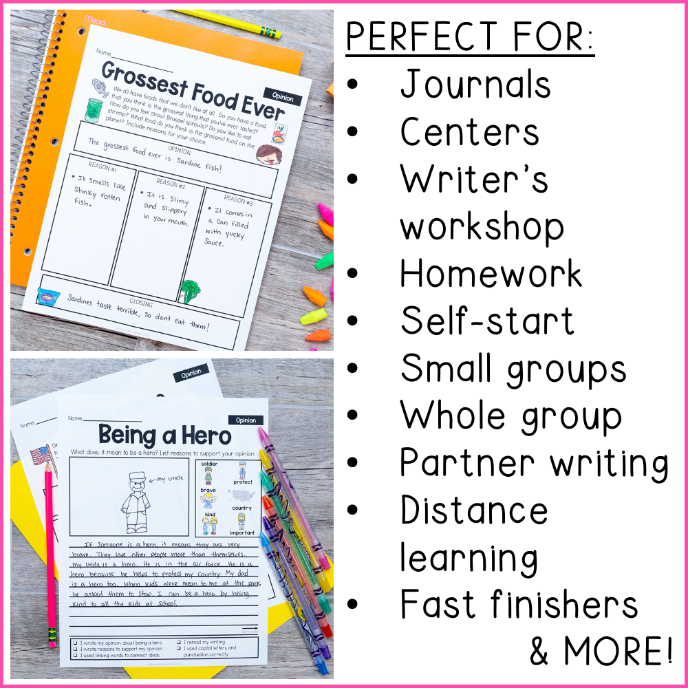A colorful educational writing prompt worksheet for 1st and 2nd grade students, featuring activities like "Grossest Food Ever" and "Being a Hero," ideal for journals, centers, and homework.