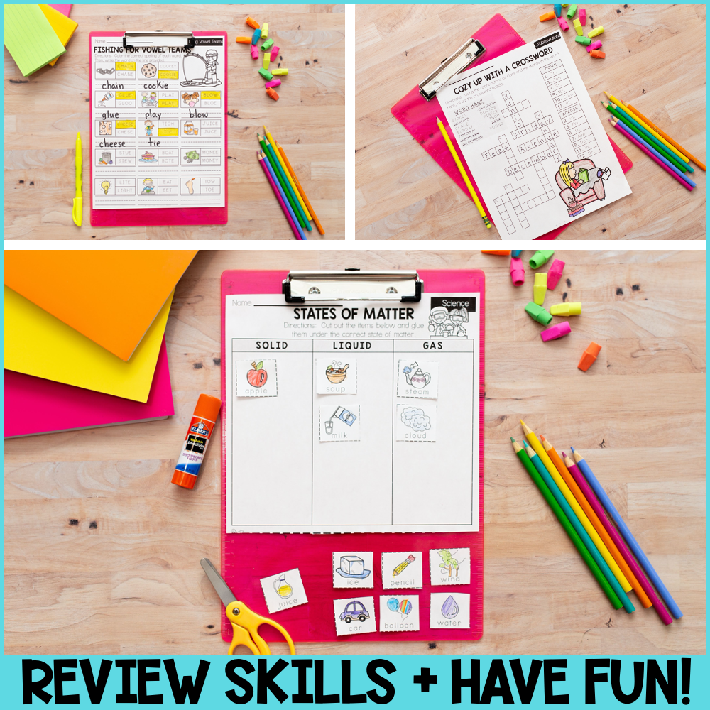 Second grade winter early finishers packet with engaging activities, crosswords, and science worksheets for review skills, perfect for classroom use and homeschool learning.