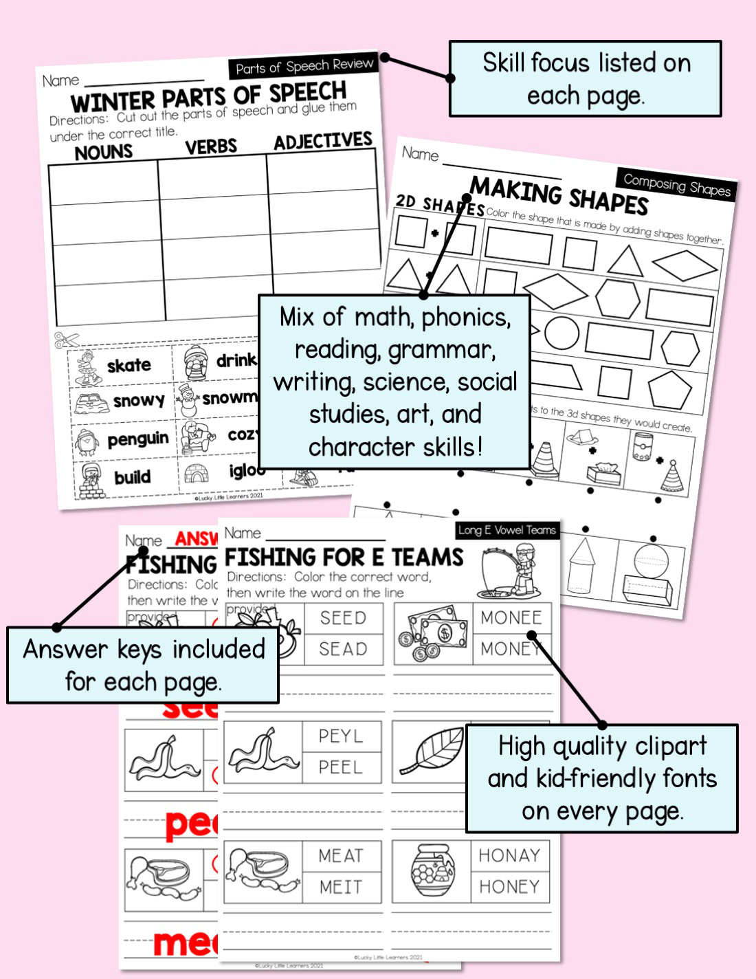 A comprehensive 2nd Grade Winter Early Finishers Packet with engaging activities for speech parts, shapes, math, phonics, reading, grammar, writing, science, social studies, arts, and character skill.