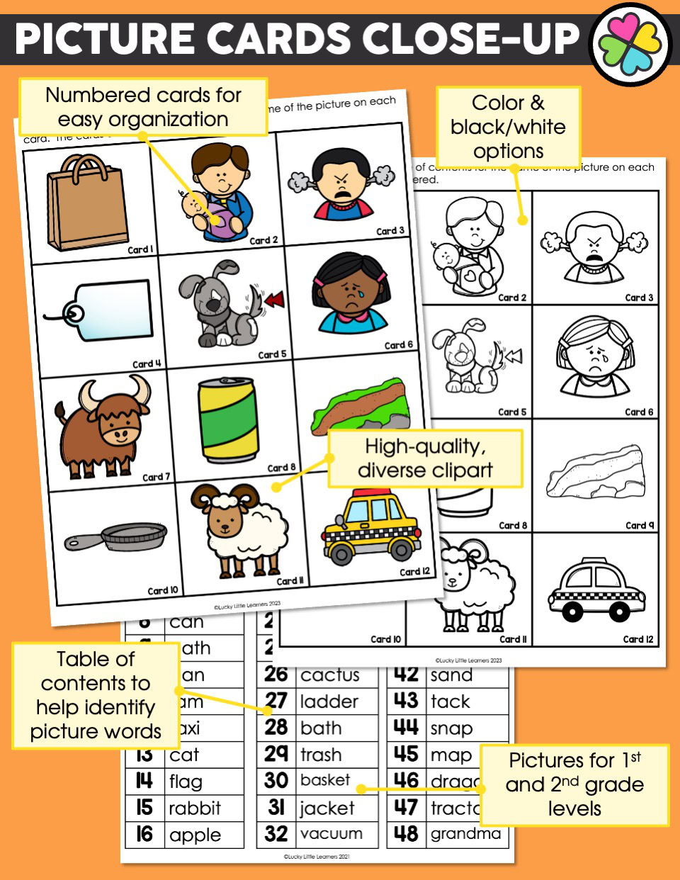 Close-up of colorful word and picture cards for easy organization, featuring black and white options, high-quality diverse clipart, and a table of contents to help identify picture words.