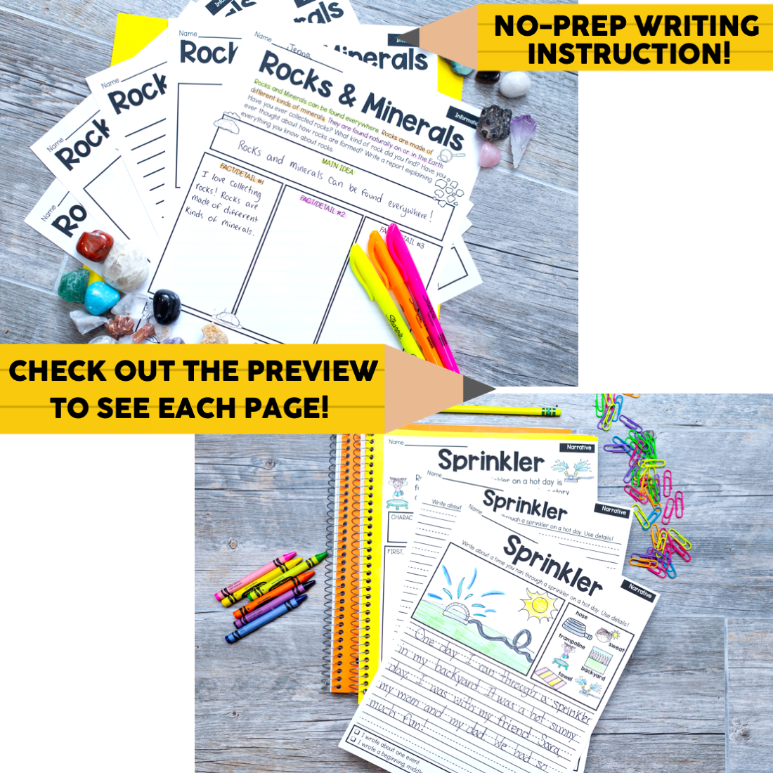 First and second grade August writing prompts for kids, featuring rock and mineral science pages, colorful crayons, and fun printable activities for classroom or homeschool use.