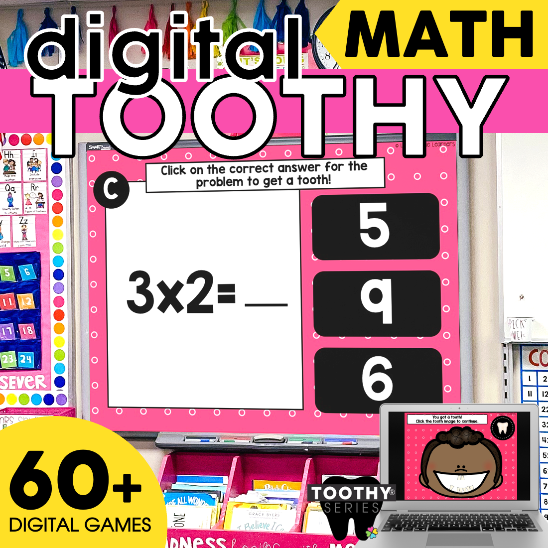 A colorful educational poster for 3rd grade digital math activities featuring a tooth-themed game, with multiple-choice answers and engaging visuals to enhance math learning and digital skills.