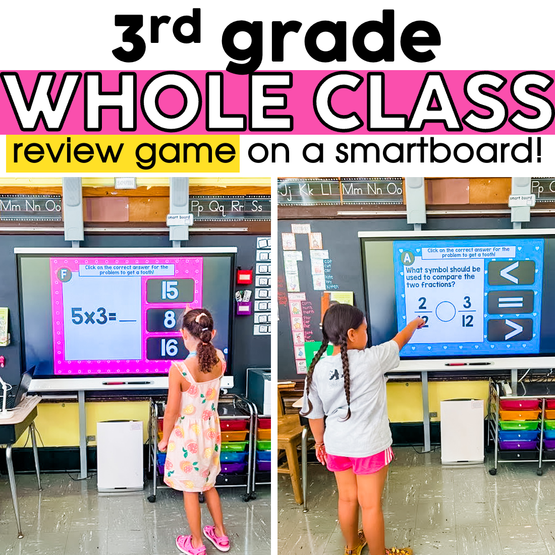 Interactive 3rd grade digital math review game on a smartboard, featuring young students engaging with math problems, ideal for classroom learning and educational activities.