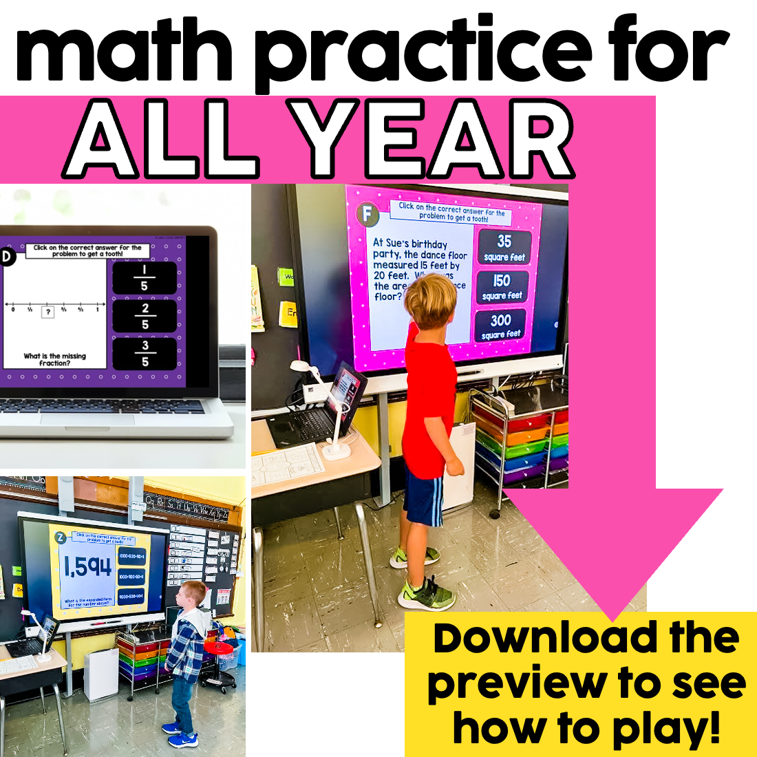 Engaging 3rd grade digital math practice activity featuring interactive questions, colorful screens, and student participation to enhance learning and math skills.