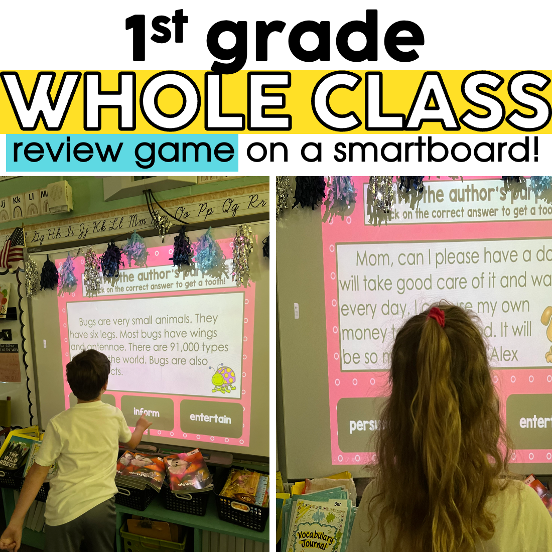 A detailed digital classroom scene showing 1st grade students engaging with a whole class review game on a smartboard, emphasizing interactive learning and literacy skills development.