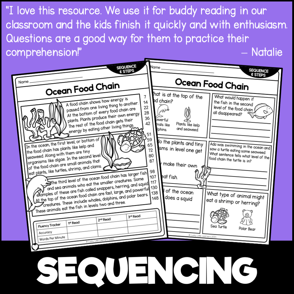A colorful educational worksheet focused on ocean food chains, designed to enhance 2nd grade reading comprehension and sequencing skills with engaging nonfiction passages.