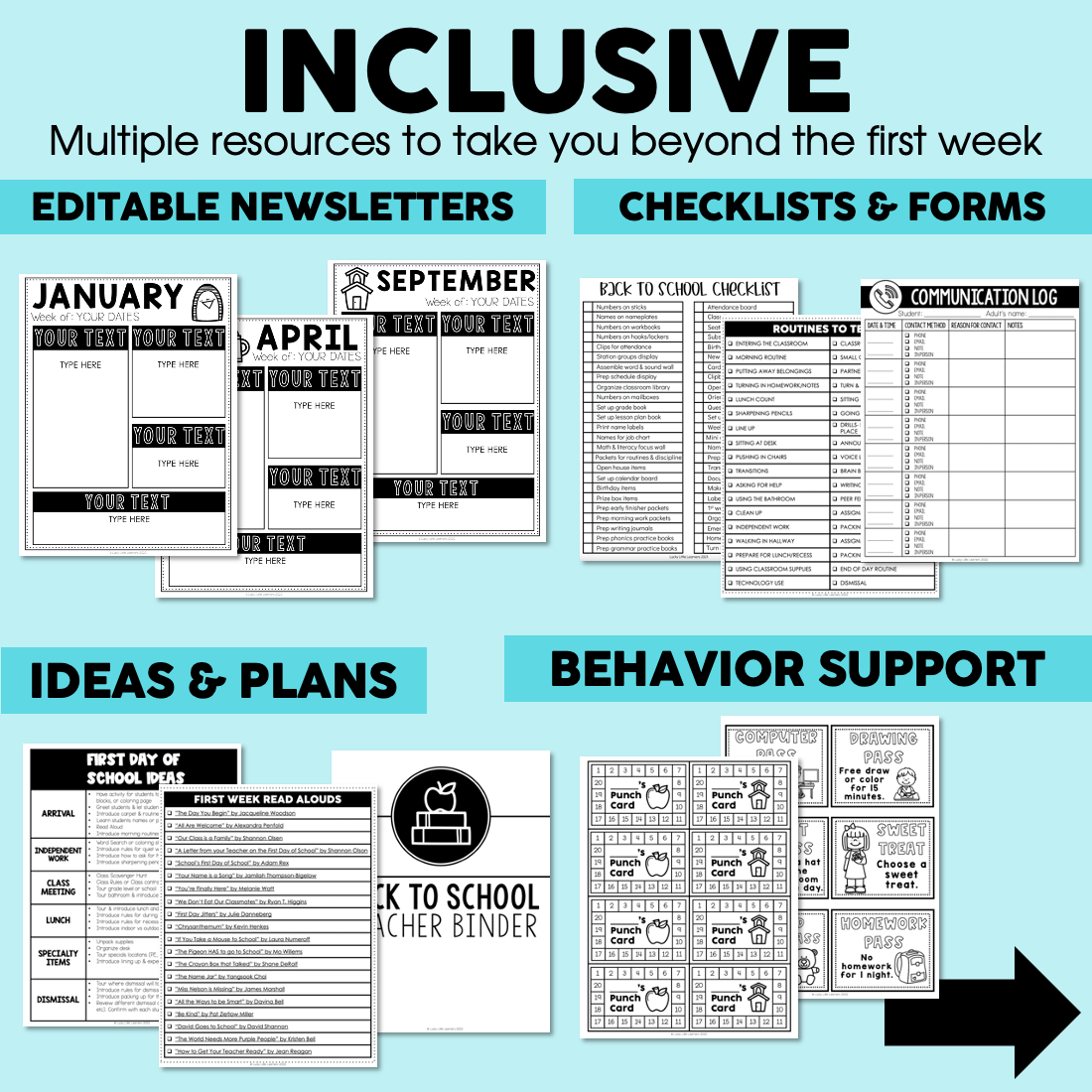 Inclusive editable classroom newsletter templates and back-to-school resources for teachers, featuring checklists, plans, behavior support, and communication forms for a successful start.