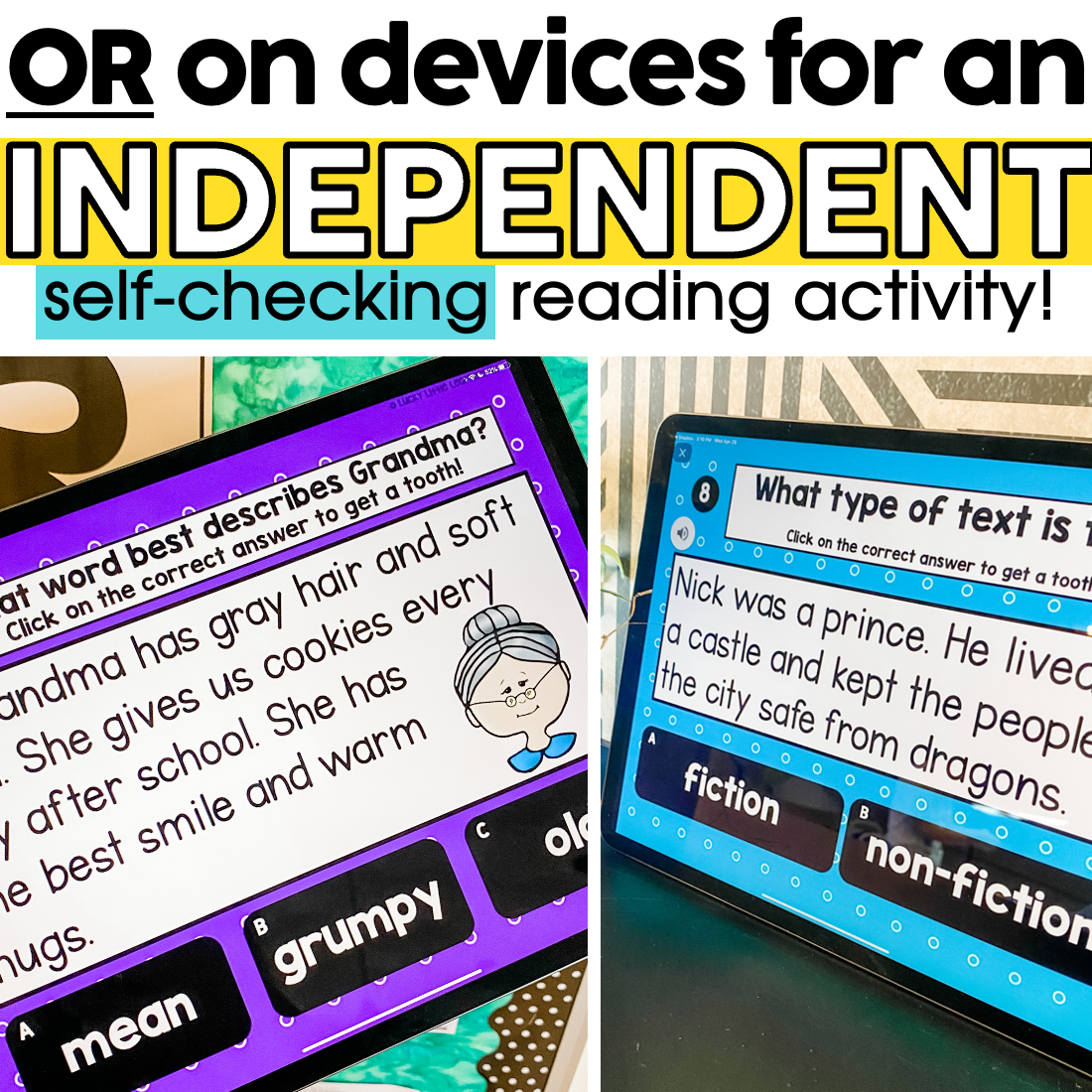 A colorful digital reading activity for 1st graders featuring self-checking questions about text types and story details, designed to promote independent reading skills and engagement.
