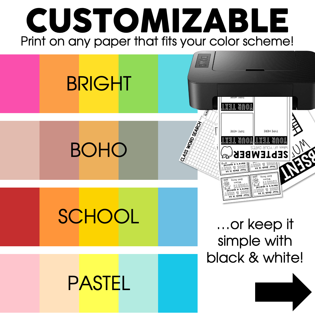 A colorful classroom newsletter template featuring customizable sections with bright, boho, school, and pastel color schemes, designed for back-to-school communication and organization.
