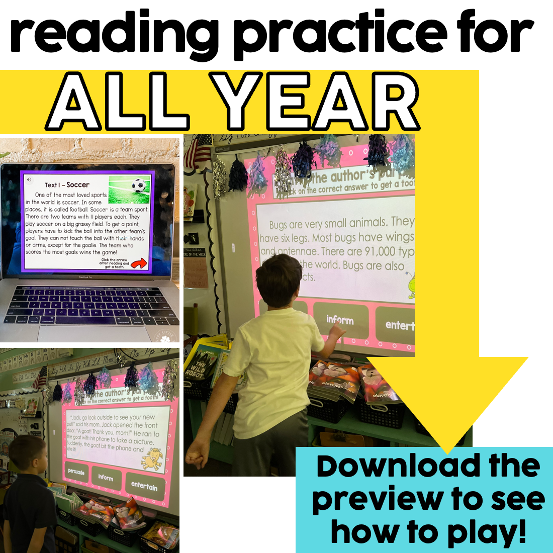 First grade digital reading practice for all year with interactive screen and students engaging in literacy activities, perfect for 1st grade classroom learning.